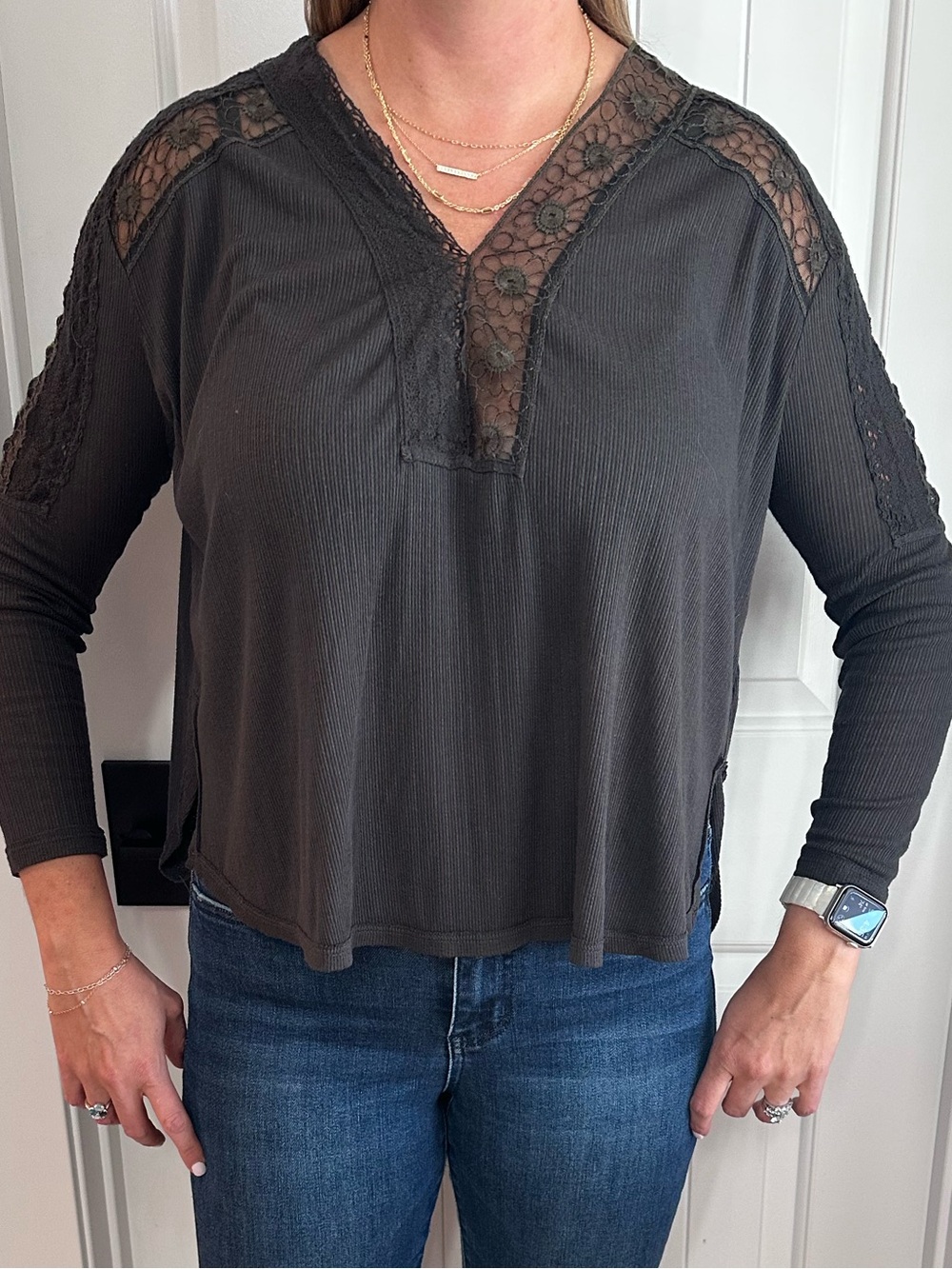 Free People Lola T-Shirt Black Lace Detail Long Sleeve Small